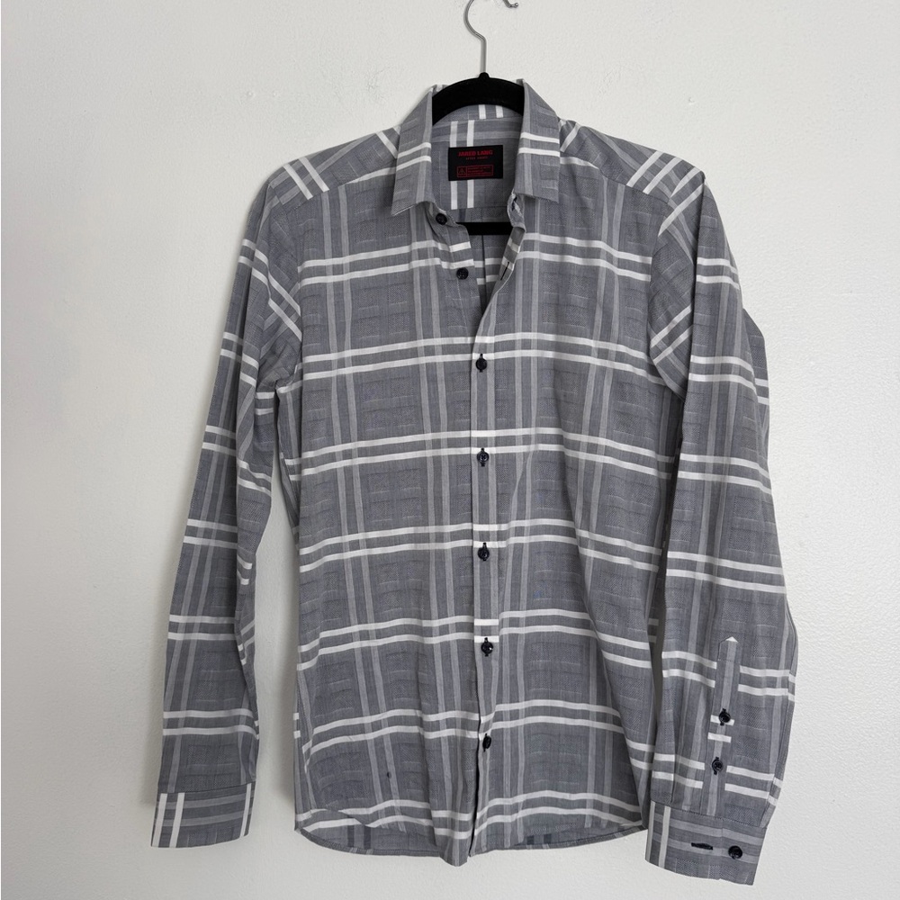 Jared Lang Gray and White Plaid Button-Down Shirt